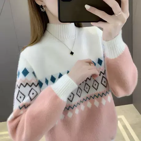 重工半高领拼色费尔岛毛衣女2025秋冬宽松打底衫加厚针织衫上衣潮商品大图