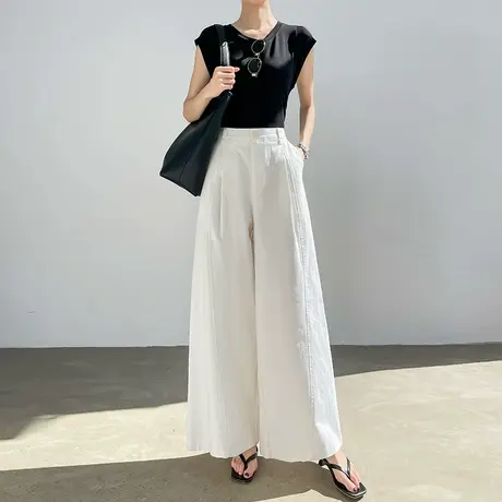 九分米白色棉麻阔腿裤子女夏季薄款高腰宽松直筒垂感小个子山本裤图片