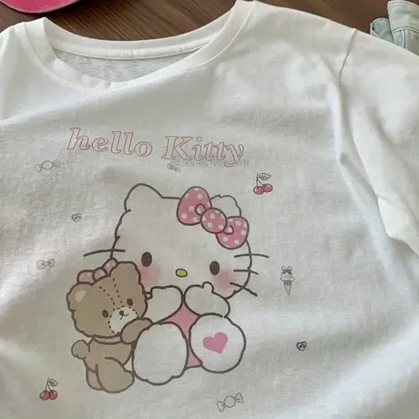 正肩可爱Kitty猫卡通印花短袖t恤女夏季宽松休闲圆领小个子上衣商品大图