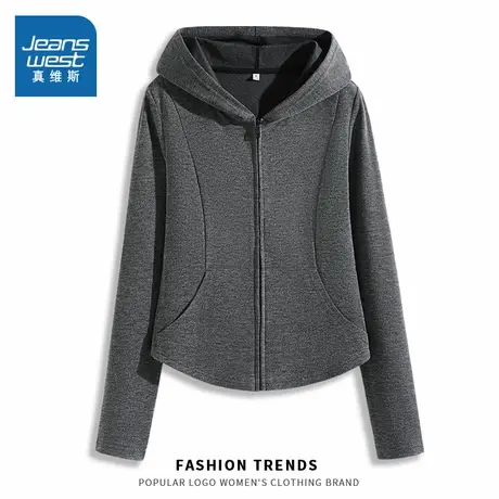 KMV真维斯短款外套深灰连帽卫衣女2025新款秋修身高级感收腰上衣商品大图