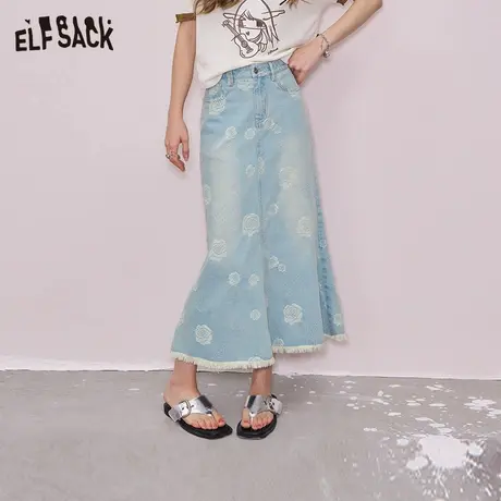 妖精的口袋玫瑰印花毛边牛仔半身裙女2025年夏季新款高腰鱼尾裙子商品大图