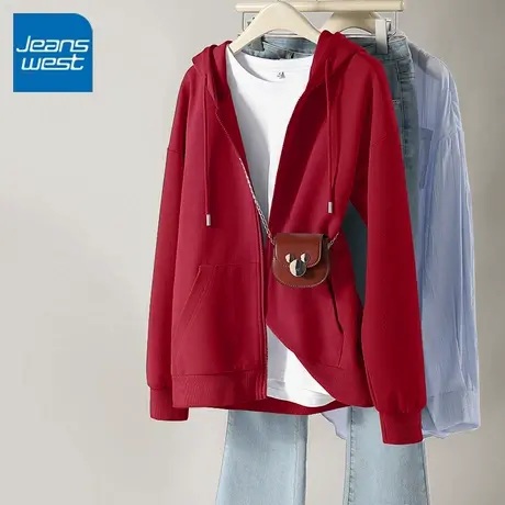 KV真维斯红色卫衣外套女春秋季2025新款慵懒风宽松初秋连帽开衫女商品大图