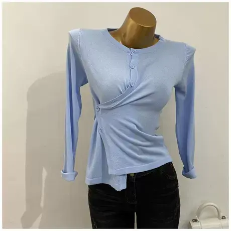 不规则设计！春夏薄款收腰系扣针织衫2021修身显瘦韩版长袖罩衫商品大图