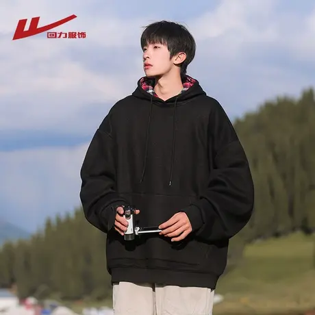 回力美式格纹连帽卫衣男士春秋季2025新款宽松休闲青少年帽衫外套商品大图