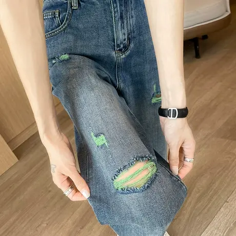 直筒破洞牛仔裤女2025秋季新款高腰宽松休闲小个子显瘦拖地阔腿裤商品大图