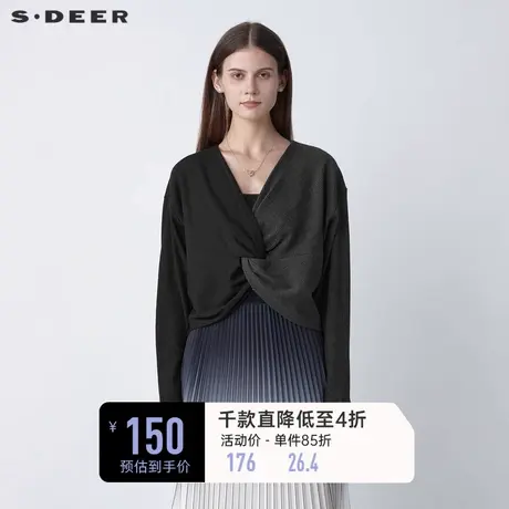 sdeer圣迪奥女装休闲V领堆叠交叉撞色长袖T恤S221Z0215🕖商品大图