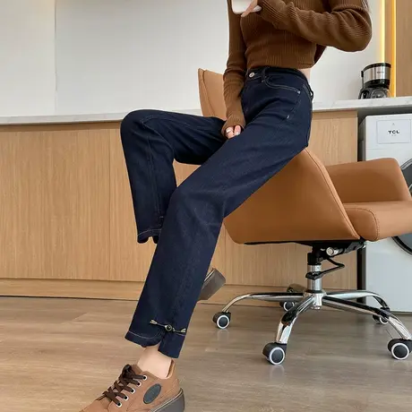 新中式九分直筒牛仔裤女春秋高腰显瘦小个子开叉深蓝丹宁色烟管裤商品大图