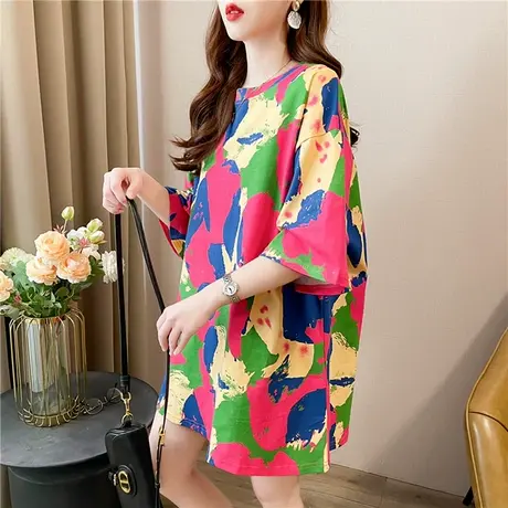 大码女装2025夏装款扎染印花短袖T恤女胖MM遮肚减龄宽松显瘦上衣商品大图