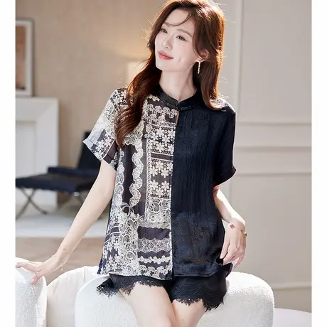 宝诗黎国风盘扣印花拼接雪纺衫2025夏季气质宽松百搭新中式小衫女商品大图