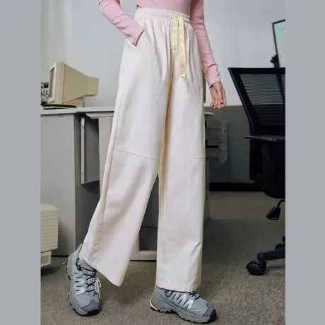 a02【100%棉】高腰弧形猫爪腰绳弯刀裤春季宽松休闲女式休闲裤商品大图