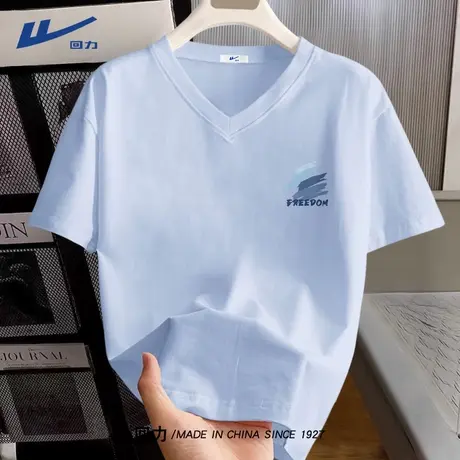 回力V领短袖女2025新款夏季大码女装胖mm宽松蓝色上衣正肩t恤女A商品大图