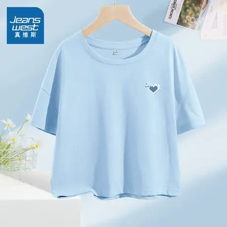 NOB真维斯蓝色纯棉短款短袖t恤女2025新款夏青少年小个子上衣半袖图片