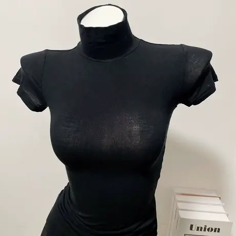 chao柔亲肤～薄透高领短袖T恤打底衫女性感紧身纯色上衣黑色新款商品大图