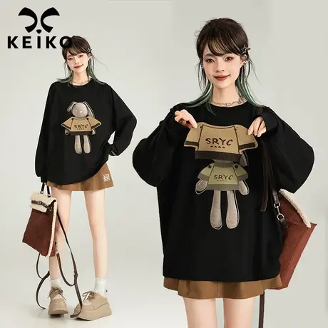 [换装萌兔] 创意贴布长袖t恤女2024早秋甜酷慵懒宽松薄款卫衣上衣图片