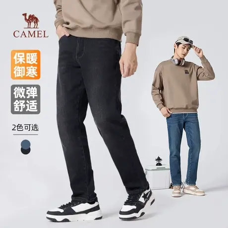骆驼男装直筒牛仔裤男士2025新款冬季加绒保暖水洗弹力休闲长裤子图片
