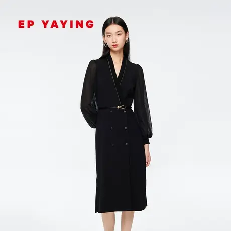 EP YAYING雅莹女装 优雅小黑裙立领v领收腰连衣裙 商场同款4519A图片