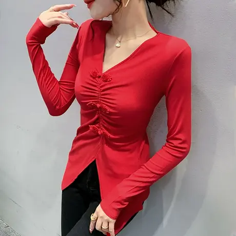 复古开叉T恤女长袖2024春秋过年红色喜庆上衣洋气不规则V领打底衫图片