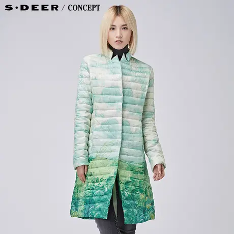 sdeer圣迪奥女2018冬修身廓形印花西装领羽绒服S16482455图片