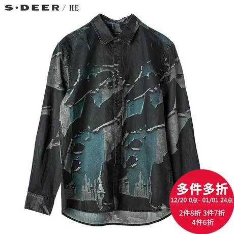sdeerhe圣迪奥低调灰时尚撞色迷彩翻领弧形圆摆长袖衬衫H15470595图片