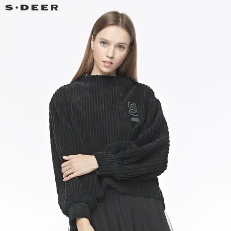 sdeer圣迪奥女装冬装休闲一字领字母开衩黑色灯芯绒上衣S19480214图片