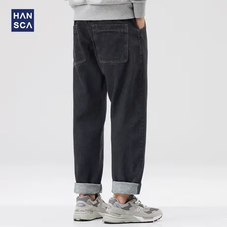 hansca黑色牛仔裤男潮牌大码秋季新款宽松直筒休闲水洗复古长裤子商品大图