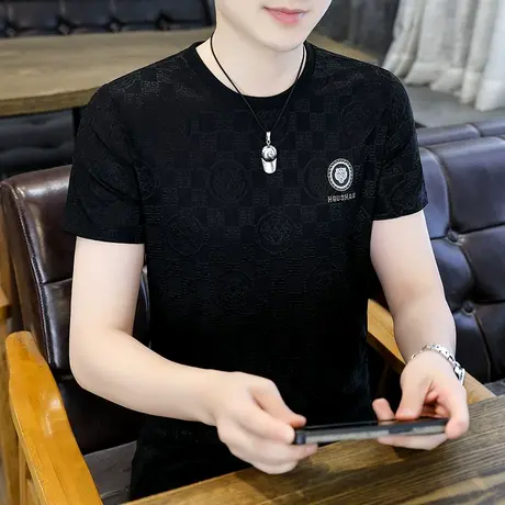 2025新款冰丝短袖T恤男士透气休闲百搭半袖加肥加大烫钻体恤上衣商品大图