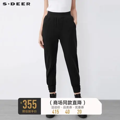 sdeer圣迪奥冬装休闲松紧拼接拉链黑色运动长裤S21480801图片