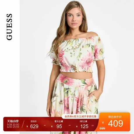 GUESS25年新款夏季女士时尚一字肩短款罗纹收边上衣-W5GH61WH4S2图片