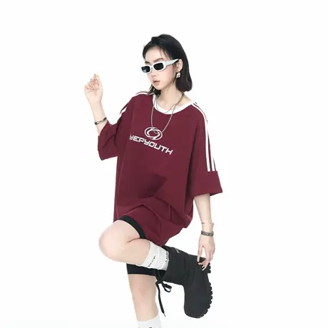 泽西风夏季新款三道杠宽松印花短袖T恤女潮酷街头情侣款半袖上衣图片