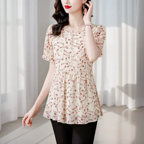 胖mm时尚气质碎花雪纺衫女高级感小衫夏季新款遮肚子中长款女上衣商品大图