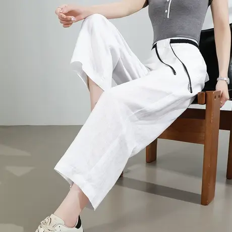 100%亚麻弯刀休闲裤女夏季薄款高腰显瘦小个子八九分哈伦阔腿裤子图片