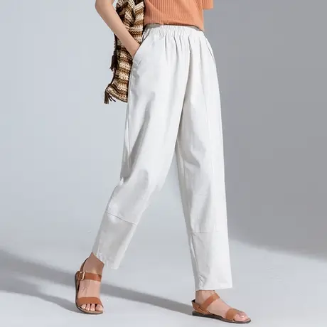 妈妈夏季薄款棉麻裤子宽松加肥加大码松紧腰休闲中年显瘦阔腿长裤图片