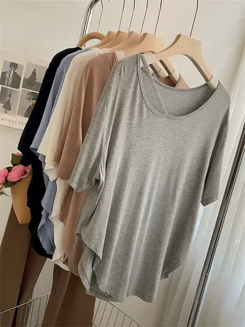 纯欲风性感小心机开叉不规则短袖T恤女宽松夏装薄款舞蹈服瑜伽服商品大图