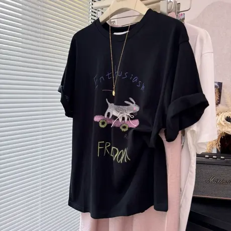 垂感宽松大版青春可爱小狗印花立体装饰黑色雪花棉短袖T恤女薄商品大图