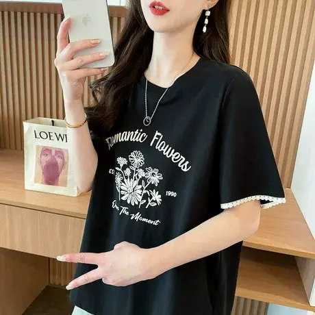 纯棉短袖t恤女2025新款夏季宽松设计感小众蕾丝花边假两件上衣服图片