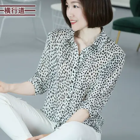 2025春装新款女装中袖雪纺衬衫宽松豹纹七分袖衬衣系带上衣服外套商品大图