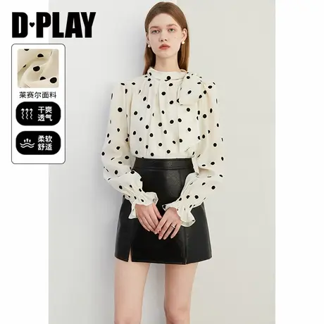 DPLAY2025年春季新款法式白色衬衫女半高领蝴蝶结莱赛尔小衫上衣图片