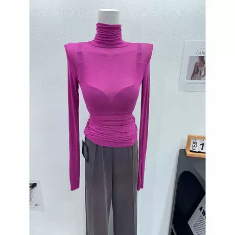 弹力软糯高领长袖T恤女紧身性感糖果色内搭堆堆领打底衫上衣秋冬商品大图