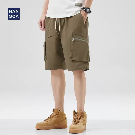 hansca休闲短裤男士纯棉复古夏季五分裤潮牌宽松直筒大码工装中裤商品大图