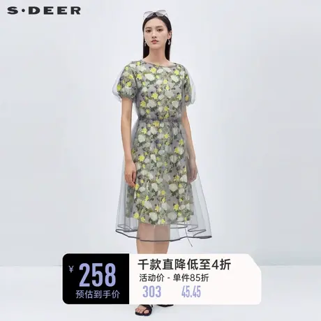 sdeer圣迪奥夏季碎花连衣裙圆领收腰少女网纱法式茶歇裙S222Z125D🦊商品大图