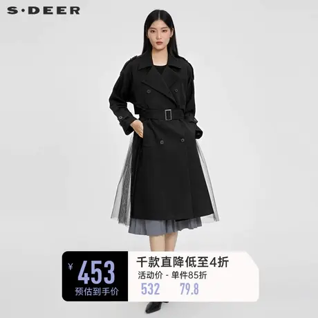 sdeer圣迪奥女装时尚翻领收腰网纱长款风衣S231Z1810🕝商品大图