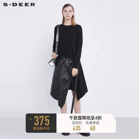 sdeer圣迪奥冬装圆领不规则pu拼接长袖连衣裙女S21481202图片