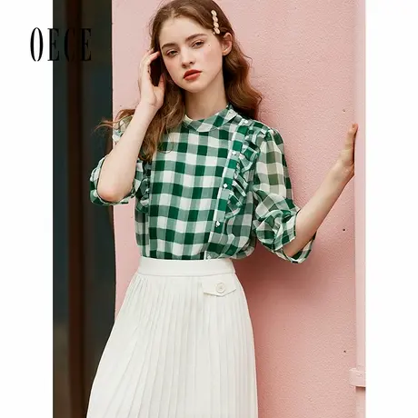 Oece夏装新款女装 复古清新格子衬衫春减龄花边韩版气质上衣商品大图