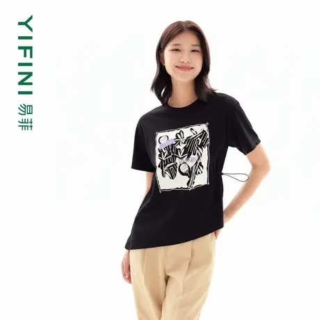 [专柜同款]Yifini/易菲创意印花简约宽松T恤女抽绳收腰上衣夏装图片