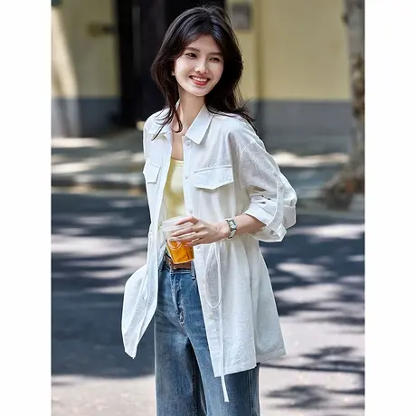 时尚轻薄风衣外套2025年夏季新款女衬衫领百搭纯色简约中长款上衣商品大图