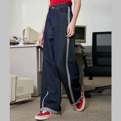 a02高腰拼色百搭时尚街头风显瘦阔腿裤2025春季休闲女式牛仔裤商品大图