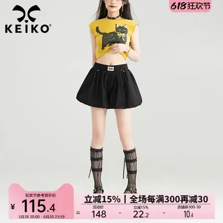 KEIKO 云朵形黑色花苞裤裙25夏季抽绳松紧高腰蓬蓬阔腿短裤裙裤商品大图