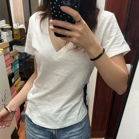 气质高级感白色V领正肩短袖T恤女夏装修身打底衫韩版竹节棉上衣服商品大图