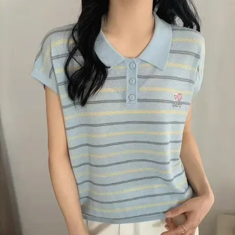 夏季宽松薄款女士条纹polo领针织冰丝短袖t恤女2025新款爆款上衣图片