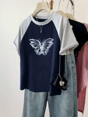 美式学院风纯棉T恤女oversize大码夏季复古ins潮插肩撞色短袖上衣图片